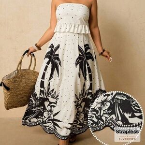 SHEIN White Strapless Maxi Dress with Black Tropical Print